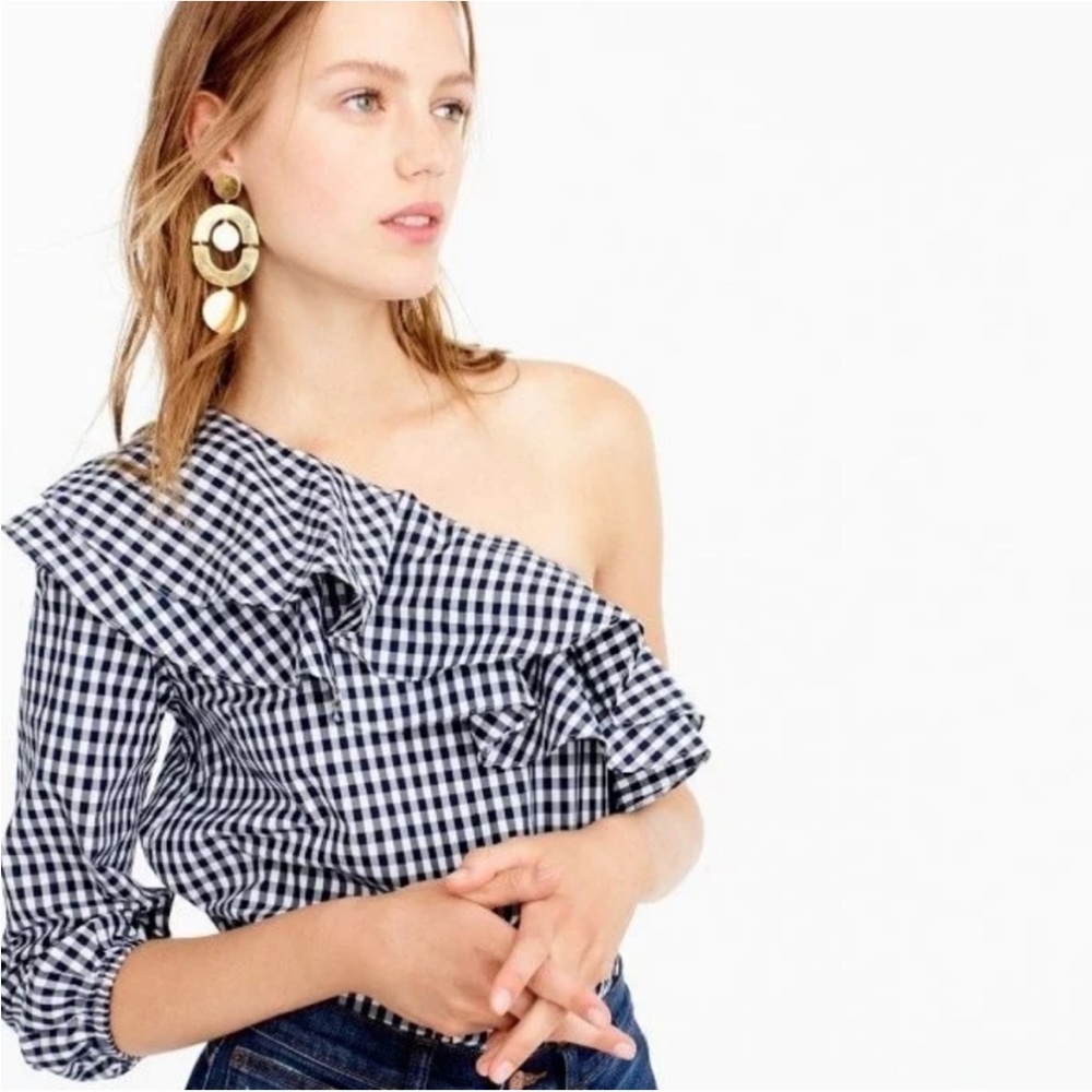 J.Crew One Shoulder Ruffle Top Gingham Navy White Size 0 NWT Summer Date Night - Picture 1 of 6